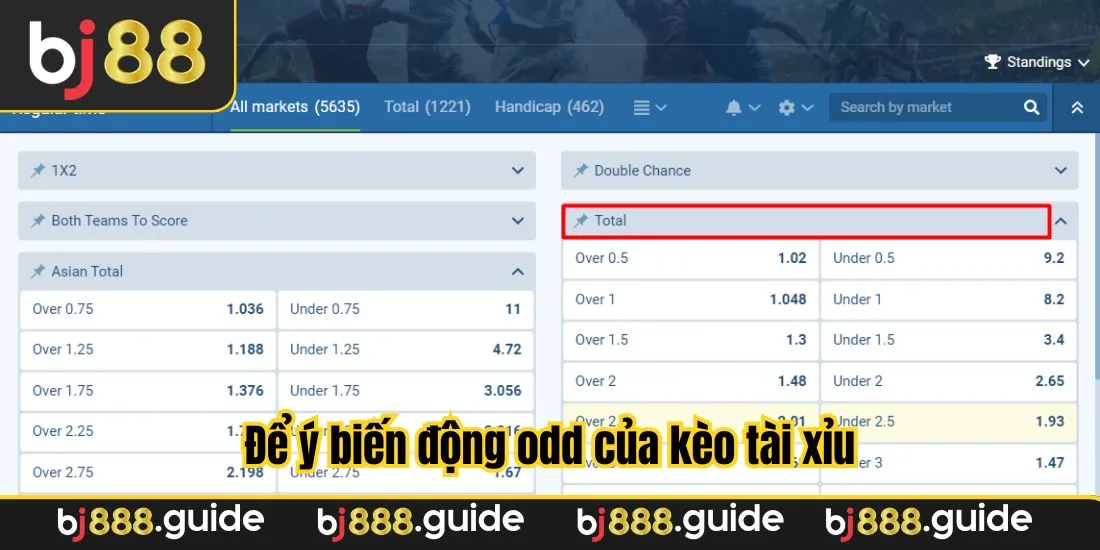 Để ý biến động odd của kèo tài xỉu